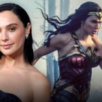 Gal Gadot posing beside a still of herself as Wonder Woman holding a shield