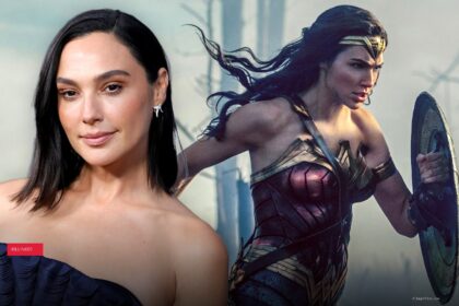 Gal Gadot posing beside a still of herself as Wonder Woman holding a shield